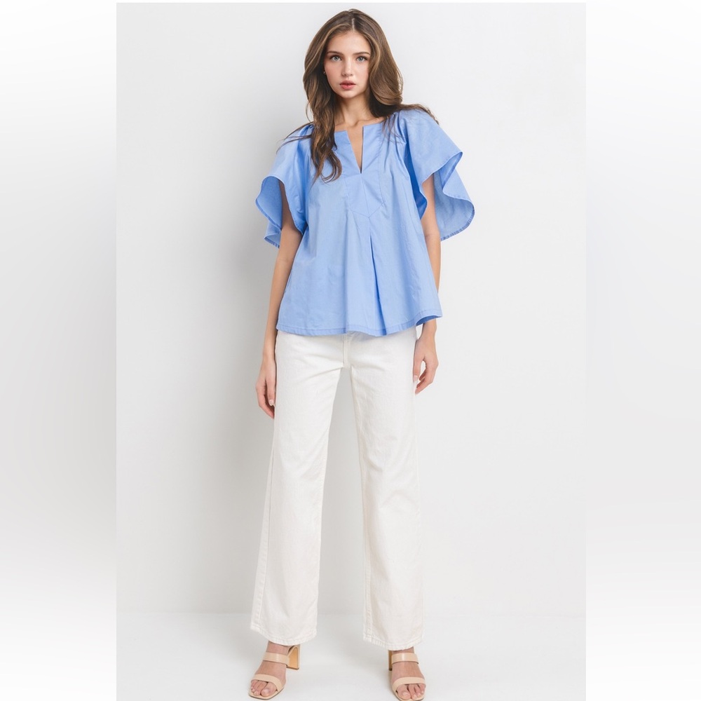 30 Boho Solid Flutter Sleeve Split Neck Top - Picture 6 of 6